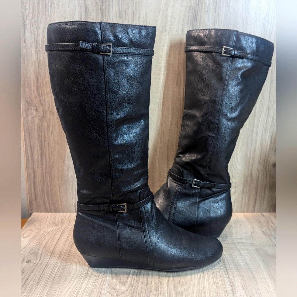 BASS Brand SYLVIA Black Hidden Wedge Knee High Boots Women's Size 8.5